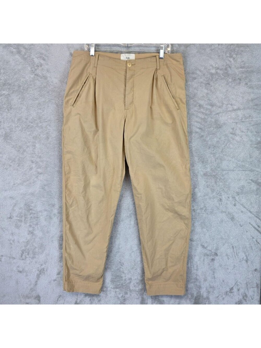 Folk Chino Pants Mens Large Beige Organic Cotton Pleated Relaxed Tapered Casual